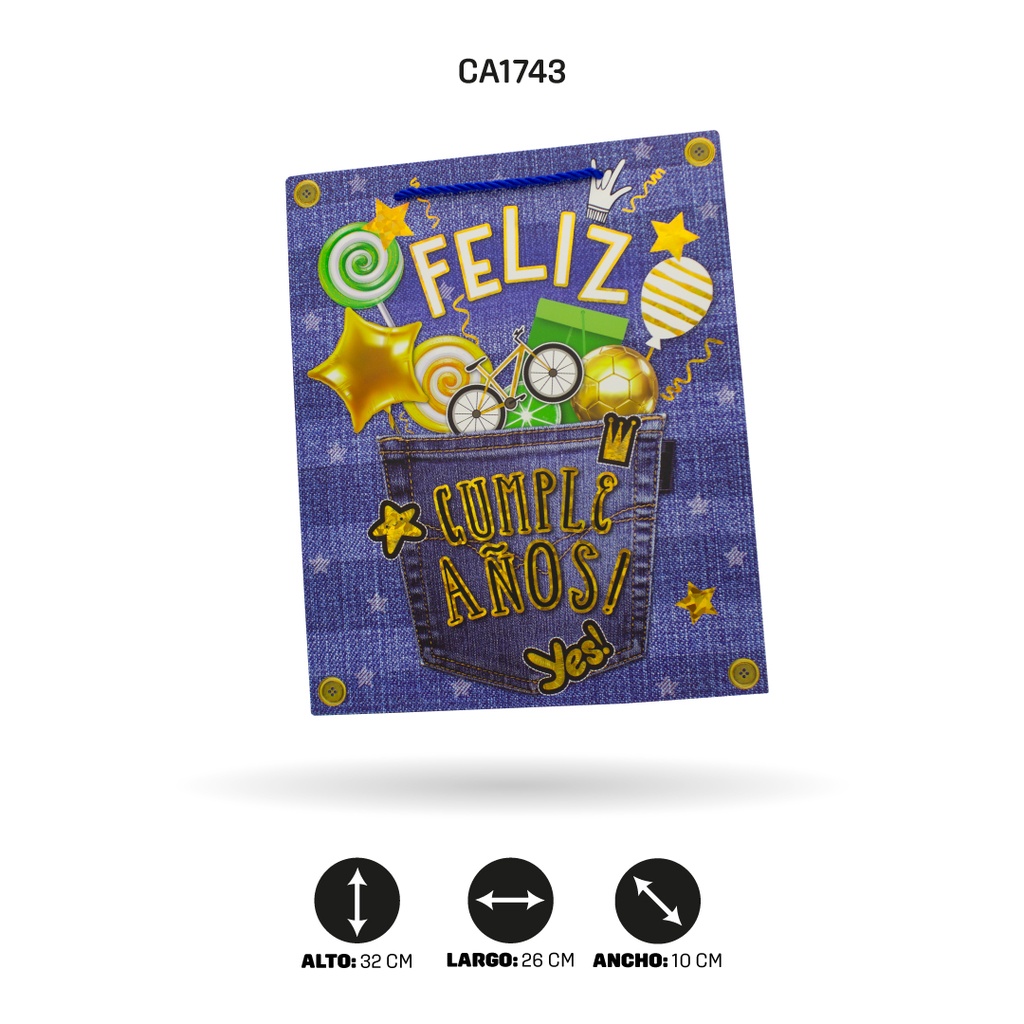 BOLSA REGALO 3D FELIZ CUMPLEAÑOS 3 MOTIVOS 26x32x10cm 210grsYM-1928-M [PAC5156]