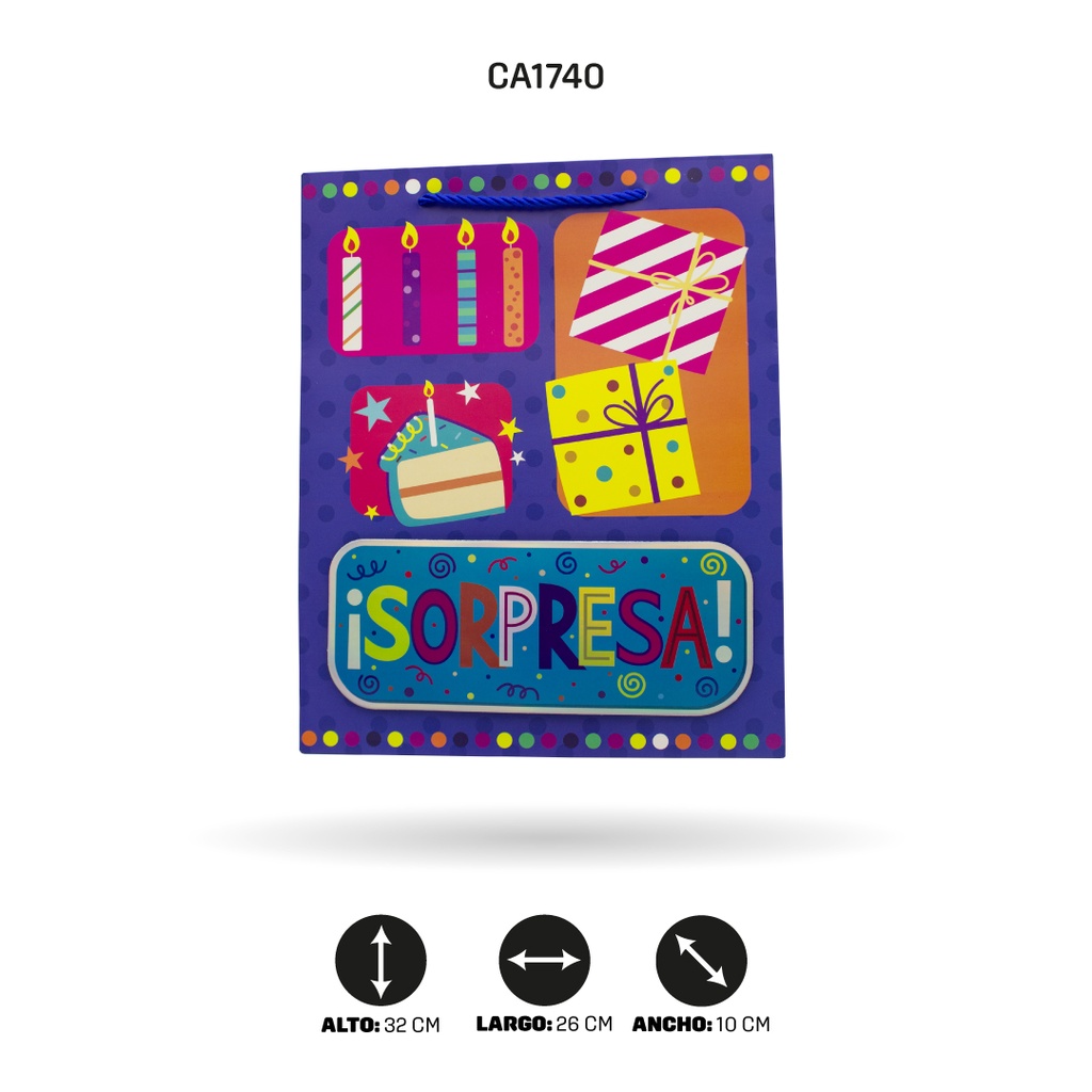 BOLSA REGALO 3D FELIZ CUMPLEAÑOS SORPRESA 26x32x10cm 210grs YM-2017-M [PAC5153]