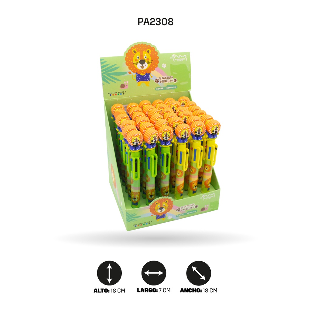 BOLIGRAFO DE JIRAFA Y LEÓN, MINA DE 6 COLORES HJ-9933/933 LEON-GIRAFA DISPLEY X 36 [PAC4577]