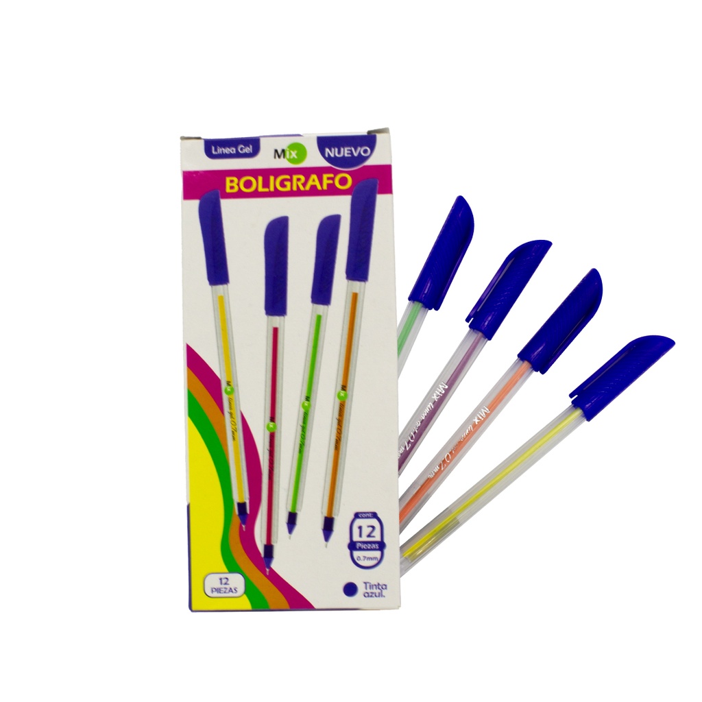BOLIGRAFO MIX LINEA GEL 0.7 REDONDO X12 TINTA AZUL CON MINA DE COLORES [PAC1584]