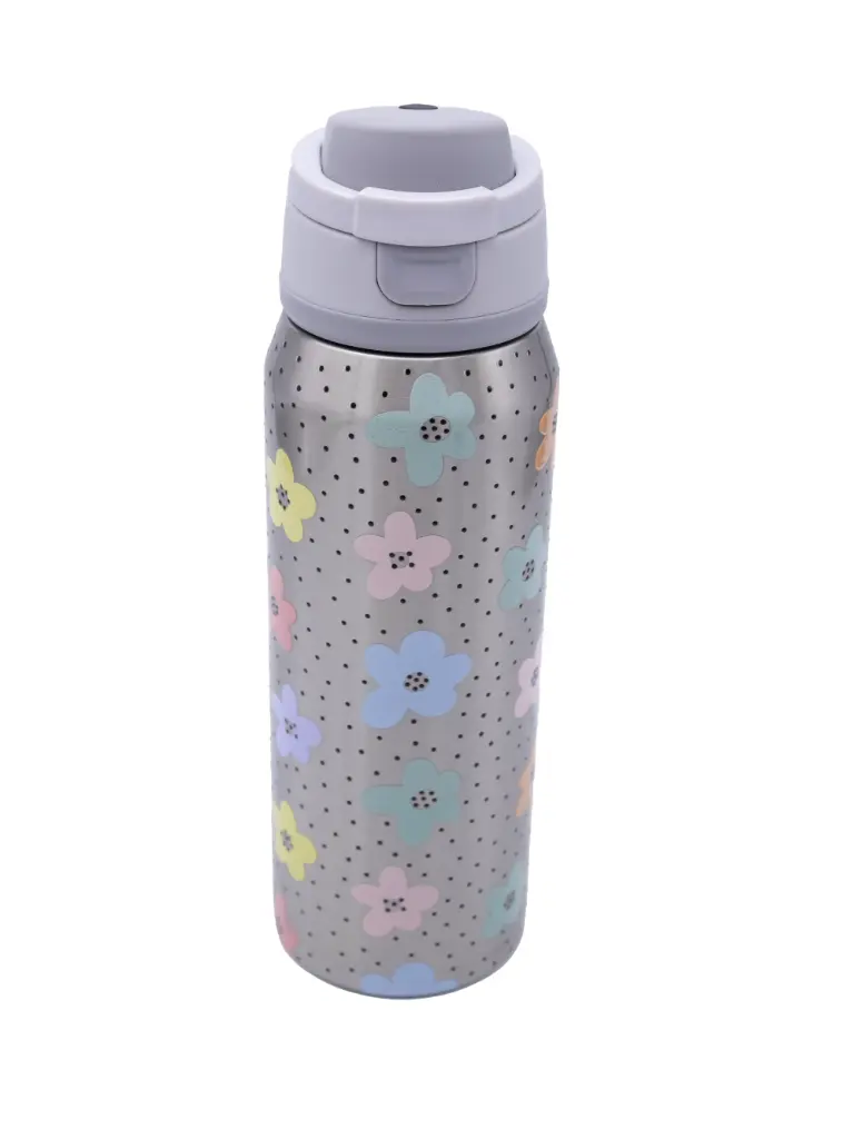 TERMO ACERO INOX. 800ML. DOBLE FONDO, DOBLE ALTERNATIVA AL BEBER DECORADO FLORES [PAC6491]