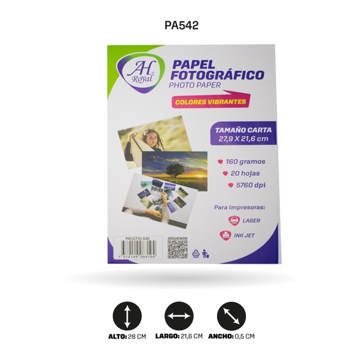 [PA542] PAPEL FOTOGRÁFICO AH ROYAL CARTA 160GRAMOS X 20 HOJAS [PAC2710-542]