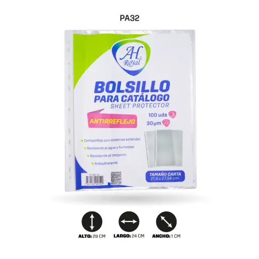 [PA32] BOLSILLO PARA  CATALOGO AH ROYAL CARTA ANTIREFLEJO DISPLAY X 100 unds 35Mic [PAC50133][3227]