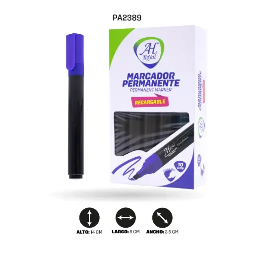 [PA2389] MARCADOR AHROYAL PERMANENTE RECARGABLE X 10 UND AZUL
