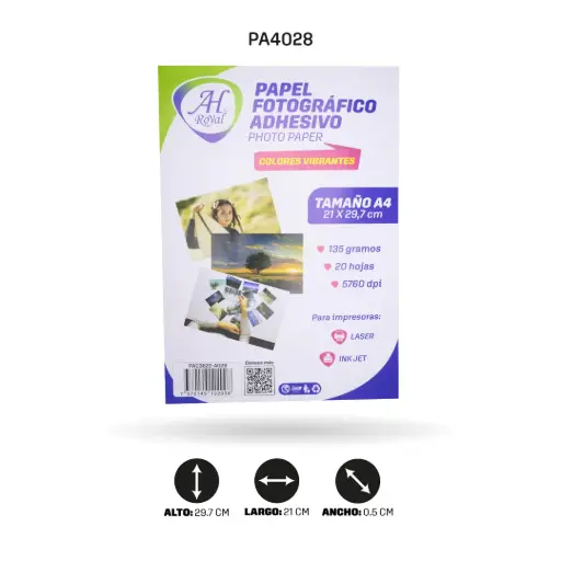 [PA4028] PAPEL FOTOGRAFICO AHROYAL A4 ADHESIVO 135GRS X 20 HOJAS [PAC3622-4028]