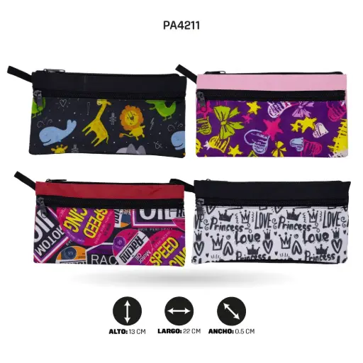 [PA4211] CARTUCHERA ESTAMPADA DOS BOLSILLO CON TIRA FINA 