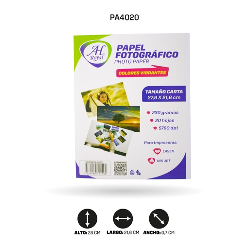[PA4020] PAPEL FOTOGRAFICO AH ROYAL A4 230 Grs X 20 Hojas (PAC3616-4020]