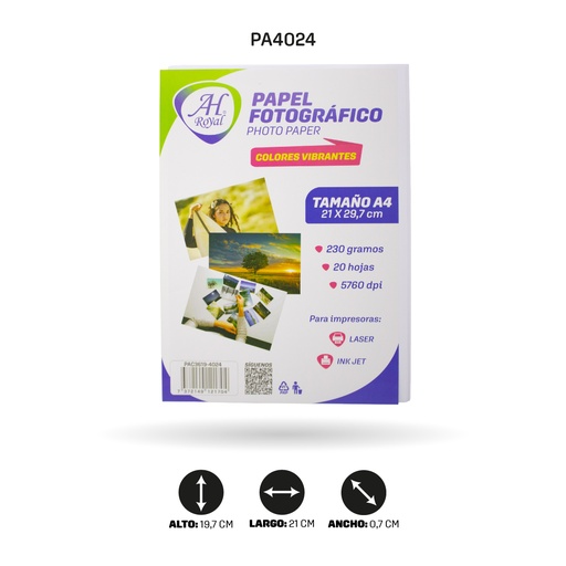 [PA4024] PAPEL FOTOGRAFICO AHROYAL A4 230GRA X20 HOJAS [PAC3619-4024]