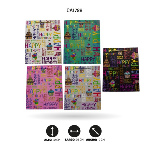 [CA1729] BOLSA REGALO 3D HAPPY BIRTHDAY DISPLAY X12 UND 26x32x10cm 210grs YM-1728-M [PAC5159]