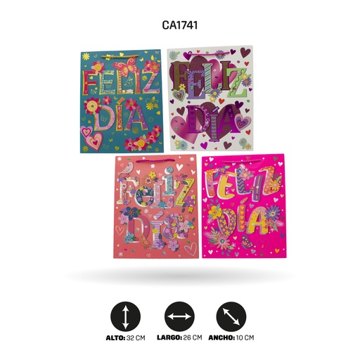 [CA1741] BOLSA REGALO 3D FELIZ DIA DISPLAY X12 UND 26x32x10cm 210grsYM-1828-M [PAC5154]