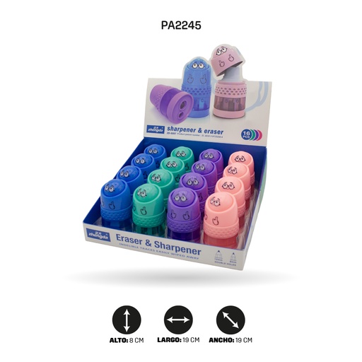 [PA2245] SACAPUNTAS CON BORRADOR DE CARITAS, 4 MOTIVOS ZD-0097 SONRISA DISP X 16 [PAC4750]