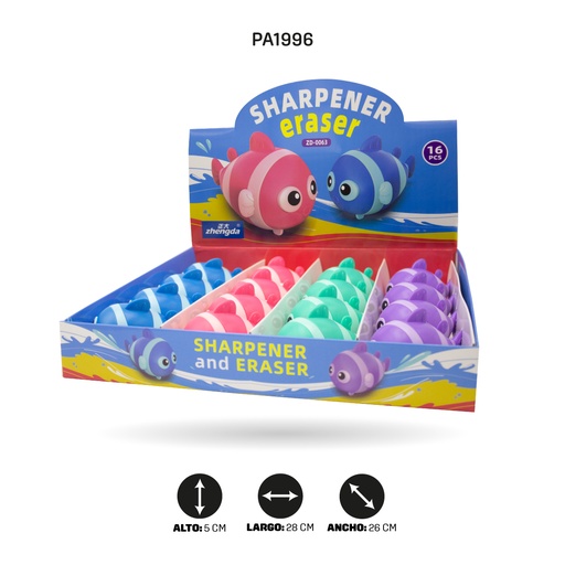 [PA1996] SACAPUNTA PEZ DOBLE CON BORRADOR X 16 ZD-0063 [PAC5469]
